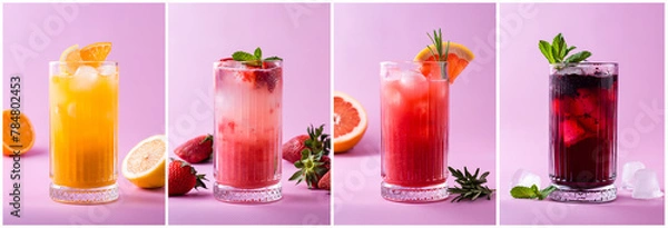 Fototapeta set of summer cold cocktails with orange, strawberry, grapefruit and berries on a pink background, natural lemonades with fruits and soda