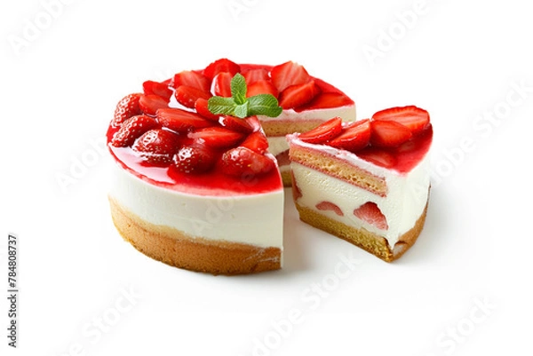 Obraz ホールケーキからカットした苺ケーキ　　白背景の切り抜き