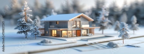 Fototapeta 3d small house model on architecture floorplan created with 