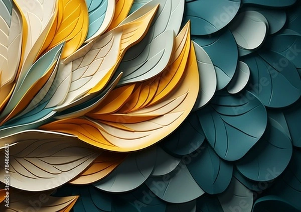Obraz abstract background with green and yellow leaves, in the style of mosaic-inspired realism, dark teal and light beige