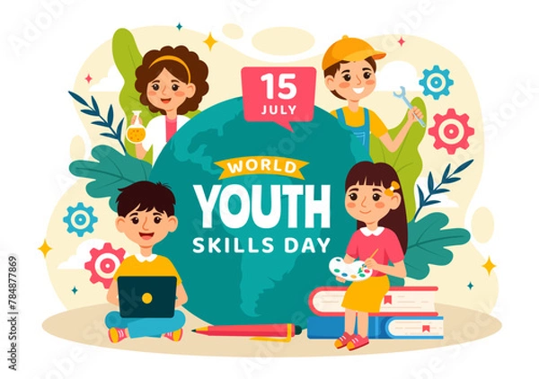 Fototapeta World Youth Skills Day Vector Illustration of People with Skills for Various Employment and Entrepreneurship in Flat Kids Cartoon Background Design