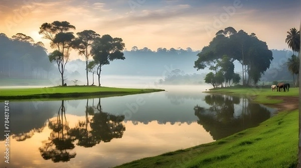 Fototapeta Gorgeous hazy dawn over Sri Lanka's Lake Gregory at Nuwara Ellia. Swimming in the lake. Spending hours in the verdant grass. 