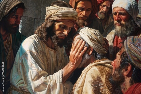Fototapeta Portrait of Jesus healing the blind man in jerusalem: capturing the compassionate miracle of sight restoration, depicting a profound moment of faith and divine intervention in biblical narrative