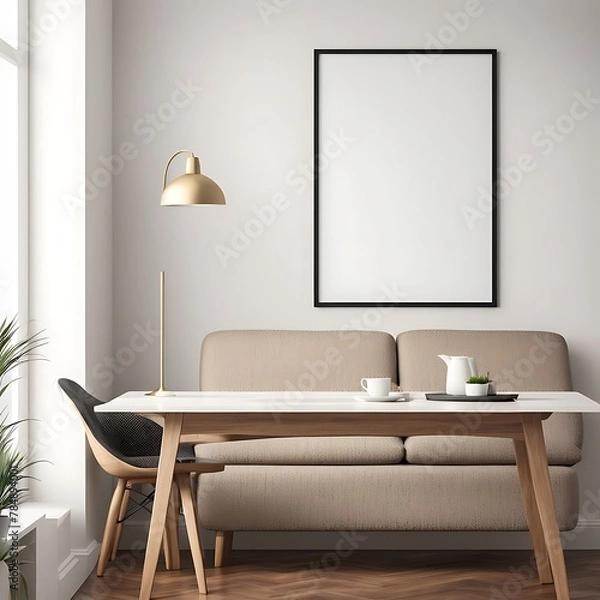 Fototapeta  Frame mockup  Living room wall poster mockup. Interior mockup with house background. Modern interior design. 3D render 