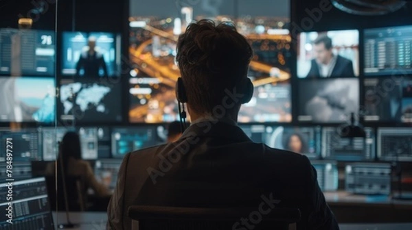 Fototapeta A conference call scene with people from various locations on video screens, showcasing global collaboration and communication.