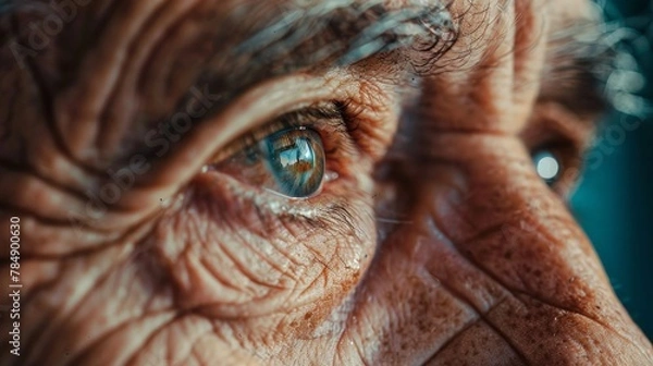 Fototapeta A close-up of an elderly man's eyes, with the reflection in his pupils showing a fragmented and incomplete picture, hinting at the distorted reality faced by those with dementia.