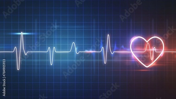 Fototapeta ekg heart beat, The image shows a stylized electrocardiogram (ECG or EKG) reading against a dark blue background with a grid