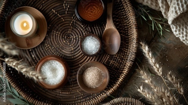 Fototapeta Top-view shot of a textured spa arrangement: woven tray, textured ceramic oil holder, textured bath salts, rough wooden spoon, and a flickering candle