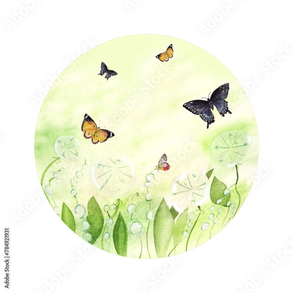 Obraz Frame background with butterflies and dandelions, green field with fluffy flowers, round watercolor illustration hand drawn, space for text, basis for brand, card, flyer, posters