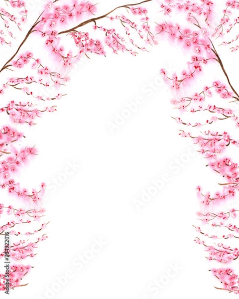 Obraz Background with watercolor sakura, frame with branches and pink flowers. Vertical, elements drawn by hand. Basis for text, posters, thematic printed materials