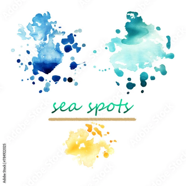 Obraz 
Set of watercolor splash stains, blue, cyan and yellow sand color, sea summer shades, hand drawn, suitable as a background, place for text for flyers, postcards, geographical maps