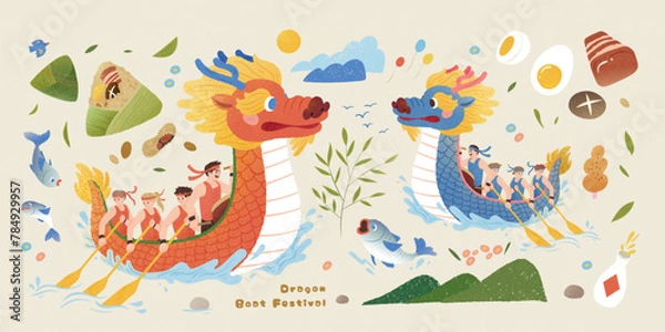 Fototapeta Dragon boat festival elements isolated on beige background with dragon boats, food, and decorations.