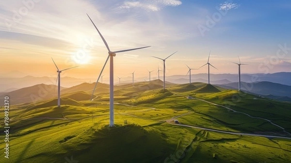 Fototapeta Panoramic view of wind farm or wind park with high wind turbines for generation electricity, Wind Energy And Technology, Green energy concept