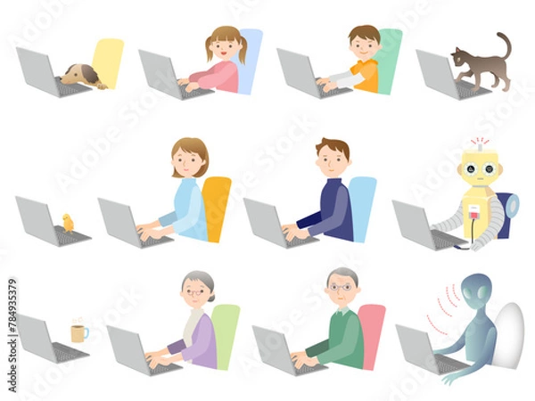 Obraz パソコンに向かう人と愉快な仲間
