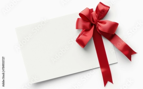 Fototapeta close up of a note card with ribbon bow on white background