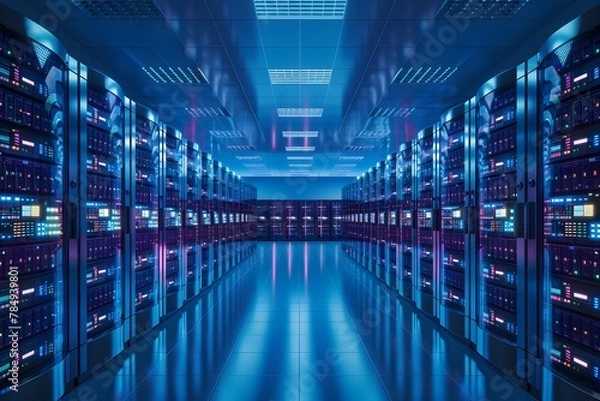 Fototapeta Bright rows of server racks fill a modern data center room