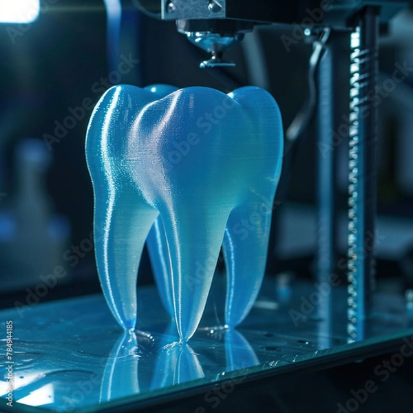 Fototapeta 3D printed tooth displayed on glass table in front of 3D printer for dental industry concept