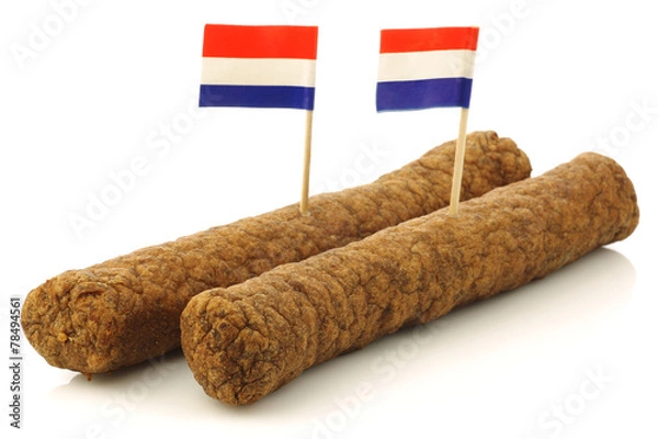 Fototapeta Two Dutch snacks called "fricandel" with Dutch flag