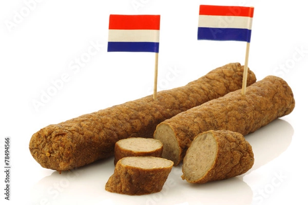 Fototapeta Two Dutch snacks called "fricandel" with Dutch flag