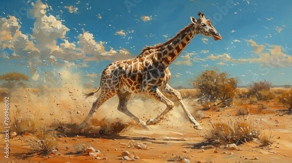 Fototapeta Somali Giraffe Galloping Across the African Plains, Its Agile Movements Contrasting Its Towering Stature.