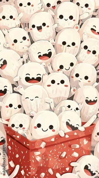 Obraz A large group of cute white marshmallow people popped out of the gift box, all smiling happily