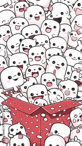 Obraz A large group of cute white marshmallow people popped out of the gift box, all smiling happily
