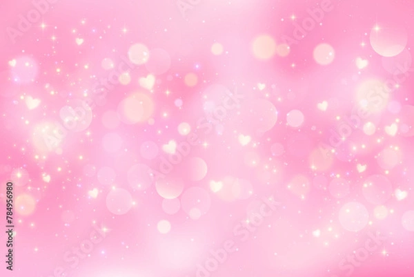 Fototapeta Pink lovely background with hearts bokeh and glitter. Pastel vector fantasy gradient for Valentine Day. Romantic blurred sky with sparkles and stars