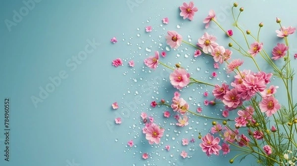 Fototapeta A glowing flower with delicate white petals in the corner of a black background. The soft glow creates a serene atmosphere