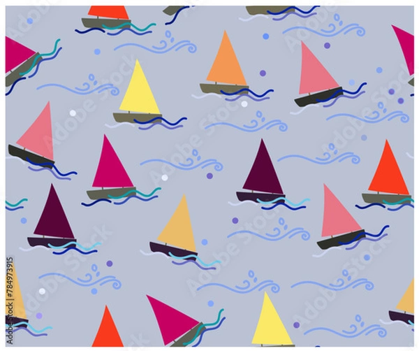 Obraz  hand drawn seamless vector pattern, Sailboat vector Boats and sea waves. Design for fashion , fabric, textile, wallpaper , wrapping and all prints.