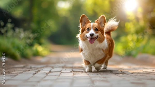 Fototapeta A happy dog running on a stone pathway with greenery in the background, capturing a moment of joy. Generative AI