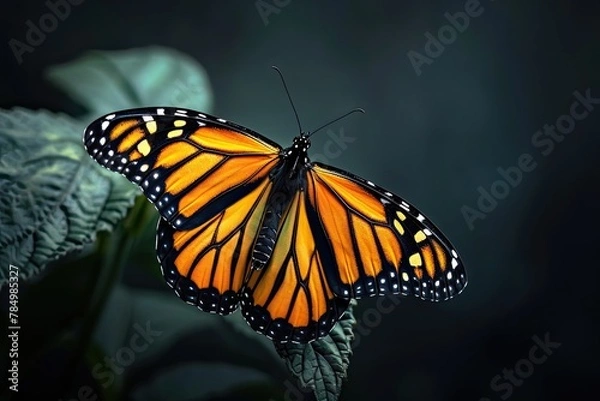 Fototapeta Monarch Butterfly on dark background, bliss, Awe-inspiring, Extreme Close-up View, 