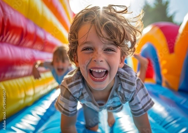 Fototapeta A joyful boy with wavy hair screams excitedly while playing on a colorful inflatable
