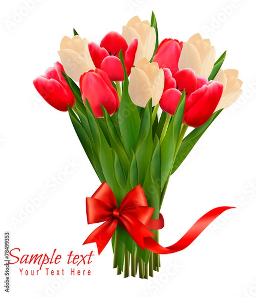 Fototapeta Holiday background with bouquet of colorful flowers with bow and