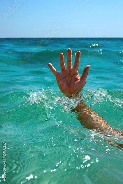 Fototapeta A hand is in the water, and it is being pulled out of the water