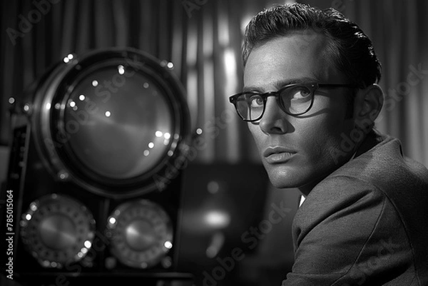 Fototapeta male secret agent spy listens and records secret conversations in a secret room. Retro black and white noir style
