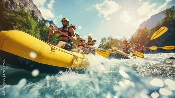 Fototapeta A group of people are rafting down a river in a yellow raft. The water is choppy and the group is having a great time