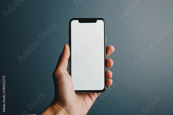 Fototapeta A hand holding a smartphone on dark gray background, mockup mobile phone screen.