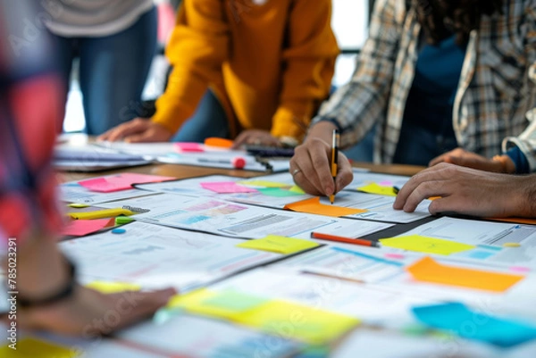 Obraz A group of people are working on a project together. They are using sticky notes to brainstorm ideas and are writing on them with pens. Scene is collaborative and creative