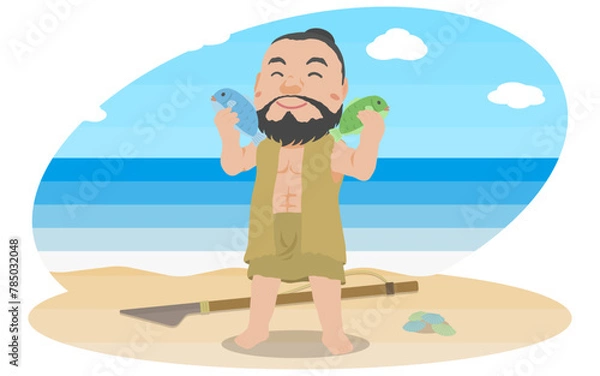 Obraz 魚を捕って喜ぶ縄文人男性