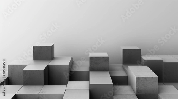 Fototapeta Grey-scale cubes from fog to graphite on white for a stark, minimalist aesthetic.