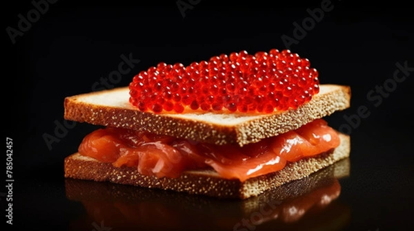 Fototapeta Beautiful red caviar and smocked salmon sandwich isolated on a dark background. Bread toasted canapes. Generative AI