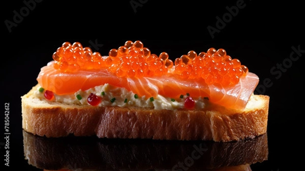 Fototapeta Beautiful red caviar and smocked salmon sandwich isolated on a dark background. Bread toasted canapes. Generative AI
