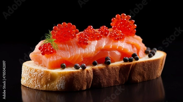 Fototapeta Beautiful red caviar and smocked salmon sandwich isolated on a dark background. Bread toasted canapes. Generative AI