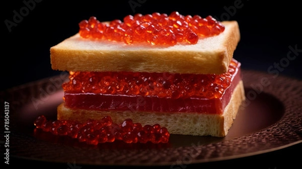 Fototapeta Beautiful red caviar and smocked salmon sandwich isolated on a dark background. Bread toasted canapes. Generative AI