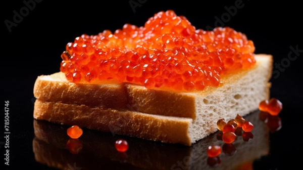 Fototapeta Beautiful red caviar and smocked salmon sandwich isolated on a dark background. Bread toasted canapes. Generative AI