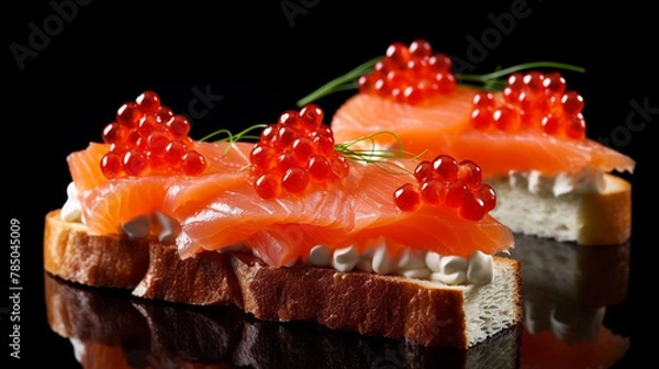 Fototapeta Beautiful red caviar and smocked salmon sandwich isolated on a dark background. Bread toasted canapes. Generative AI