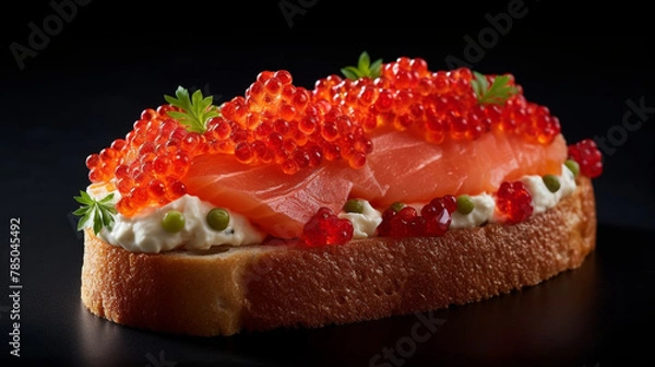 Fototapeta Beautiful red caviar and smocked salmon sandwich isolated on a dark background. Bread toasted canapes. Generative AI