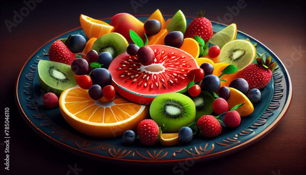 Fototapeta A plate of assorted fresh delicious fruits slices on dark background, mixed platter. Generative AI artwork illustration