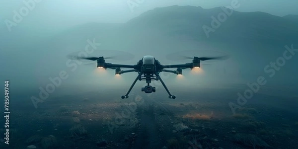 Fototapeta Protective Military Drone Hovering Over Rugged Mountainous Terrain in Misty Conditions