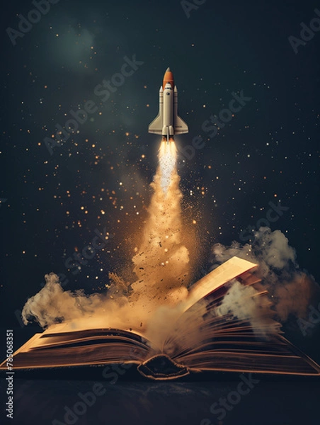 Fototapeta A rocket soaring from the pages of an open book against a starry sky, evoking the power of learning